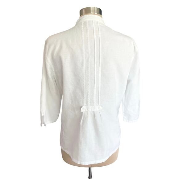ERIKA White Linen Cotton Button Front Top MED Floral Embroidery Cottage Coastal - Picture 4 of 11